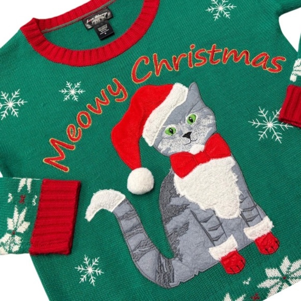 Love Always Womens Green Meowy Christmas Cat Santa Hat Ugly Sweater Size S‎